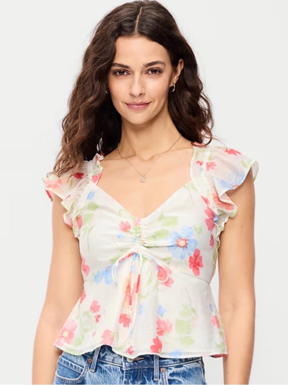 Old Navy Floral Ruffle-Sleeve V-Neck Top in White ⭐️⭐️